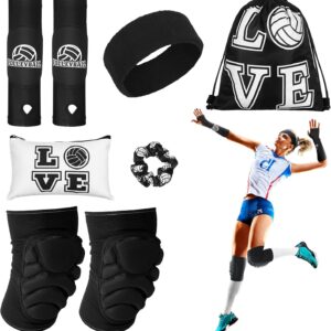 Vabean 8 Pcs Volleyball Accessories,Include Volleyball Arm Sleeves Volleyball Knee Pads Sport Hair Scrunchies Sweat Band Drawstring Bag Cosmetic Bag Volleyball Wrist Guard Knee Brace