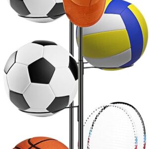 melos 7 Tier Basketball Ball Storage Rack, Freestanding Basketball Holder Garage Ball Storage Sport Organizer Rack with Basket for Volleyball Football Basketball, Indoor/Outdoor