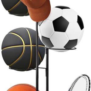 Basketball Ball Storage Rack 7 Tier Standing Basketball Holder Vertical Garage Ball Storage Ball Sports Equipment Storage Organizer with Baskets and Hooks for Volleyball Football Badminton, Black