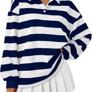 Trendy Queen Womens Striped Polo Shirts Oversized Sweatshirts Sweaters Long Sleeve Pullover Fashion Tops Outfits Clothes