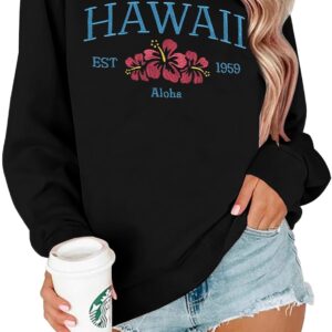 MOUSYA Hawaii Embroidered Sweatshirt Hawaii Aloha State Shirt Vintage 1959 Embroidered Long Sleeve Pullover Top