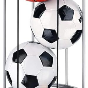 TOBWOLF 3 Layer Garage Vertical Ball Rack, 59×13 Inch Rolling Basketball Holder with Wheels, Space-Saving Sports Ball Storage Cage Wall Mount, Football Volleyball Organizer for Garage & Home, Silver