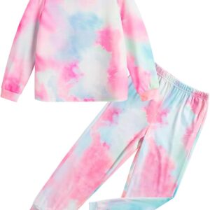 Haloumoning Girls Tie Dye Clothing Sets Kids Long Sleeve 2 Piece Outfits Sweatsuits with Pockets 4-14 Years