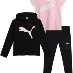 PUMA Girls’ Active Leggings Set – 3 Piece Fleece Hoodie, Active T-Shirt and Athletic Leggings – Girls Activewear Sets (S-L)