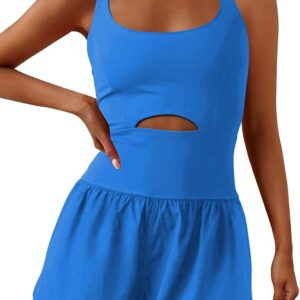 Womens Workout Athletic Romper One Piece Exercise Jumpsuit Shorts Gym Clothes Outfits With Back Zipper Pocket