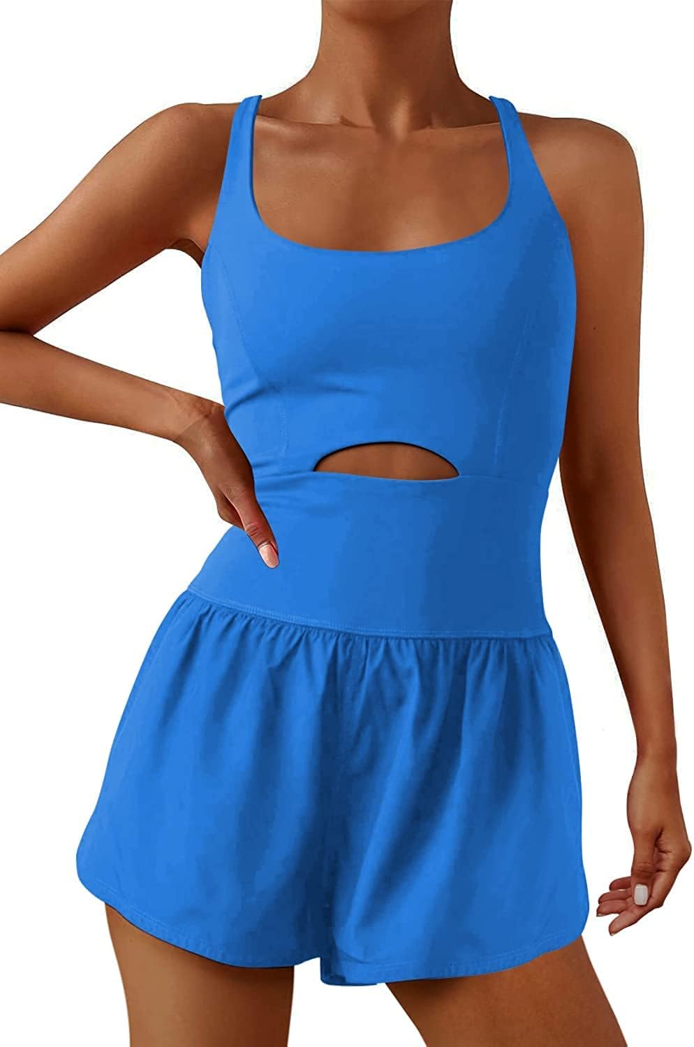 Womens Workout Athletic Romper One Piece Exercise Jumpsuit Shorts Gym Clothes Outfits With Back Zipper Pocket