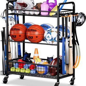 Garage Sports Equipment Organizer – Rolling Ball Storage Rack with Wheels, Sports Gear Organizer for Garage Indoor Outdoor Toy Storage Rack, Basketball Racks Ball Cart with Basket and Hooks