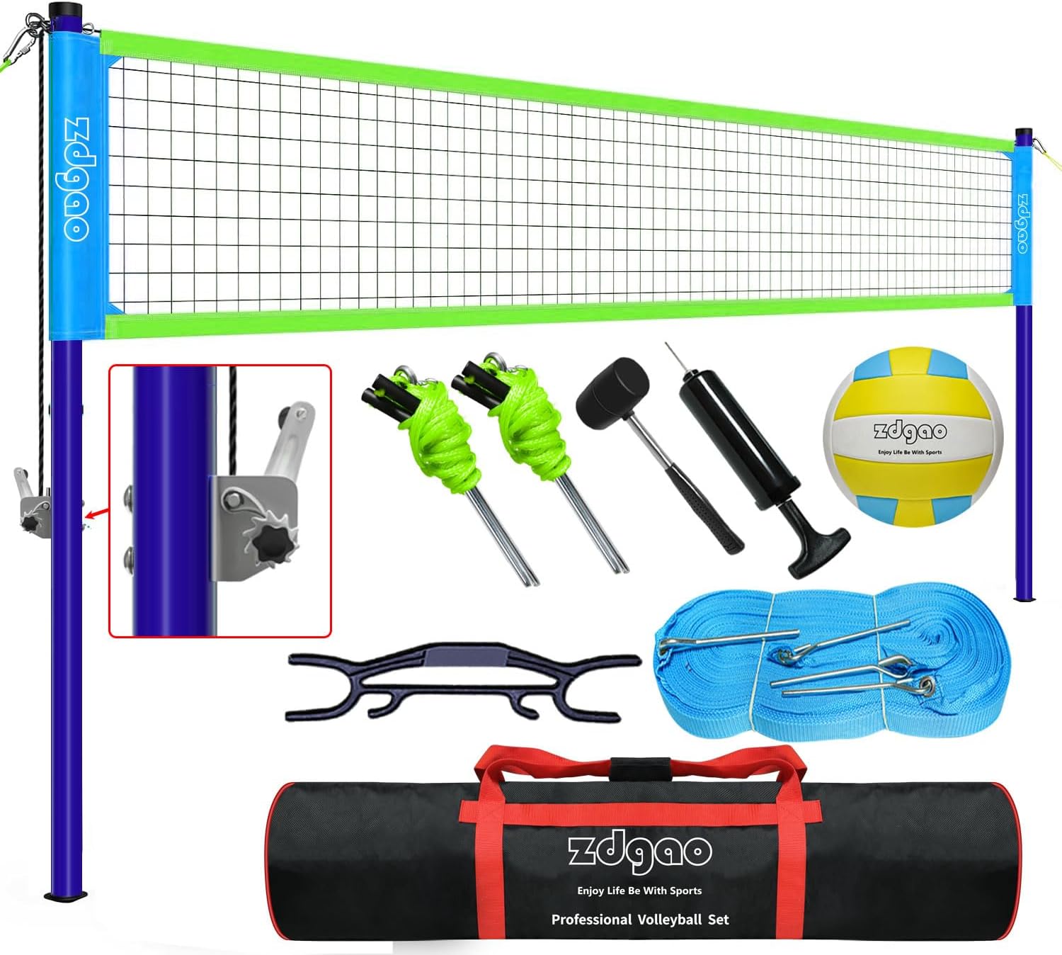 Volleyball Net Outdoor – Professional Volleyball Set with Height Adjustable Aluminum Poles and Anti-Sag System, Boundary Line, Volleyball and Pump