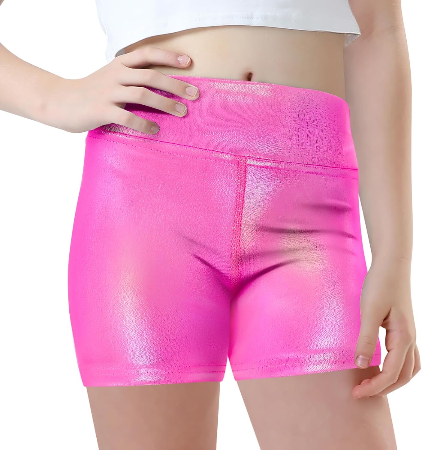 Gnainach Girls Athletic Shorts Size 4-14 Years Sparkle Solid High Waist Biker Dance Short for Kids Youth Volleyball Tumbling
