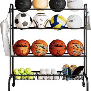 Basketball Rack, Rolling Ball Stand,Garage Organization with Wheels, Four-Layer Sports Equipment Storage with Baskets for Basketballs Footballs Volleyball,Black