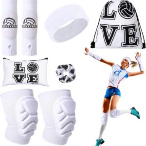 Vabean 8 Pcs Volleyball Accessories,Include Volleyball Arm Sleeves Volleyball Knee Pads Sport Hair Scrunchies Sweat Band Drawstring Bag Cosmetic Bag Volleyball Wrist Guard Knee Brace