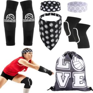 6 Pcs Volleyball Accessories Kit,Youth Girls Volleyball Knee Pads Arm Sleeves Drawstring Bag Softball Headbands Volleyball Protection Equipment Gifts for Women Beginners Teen