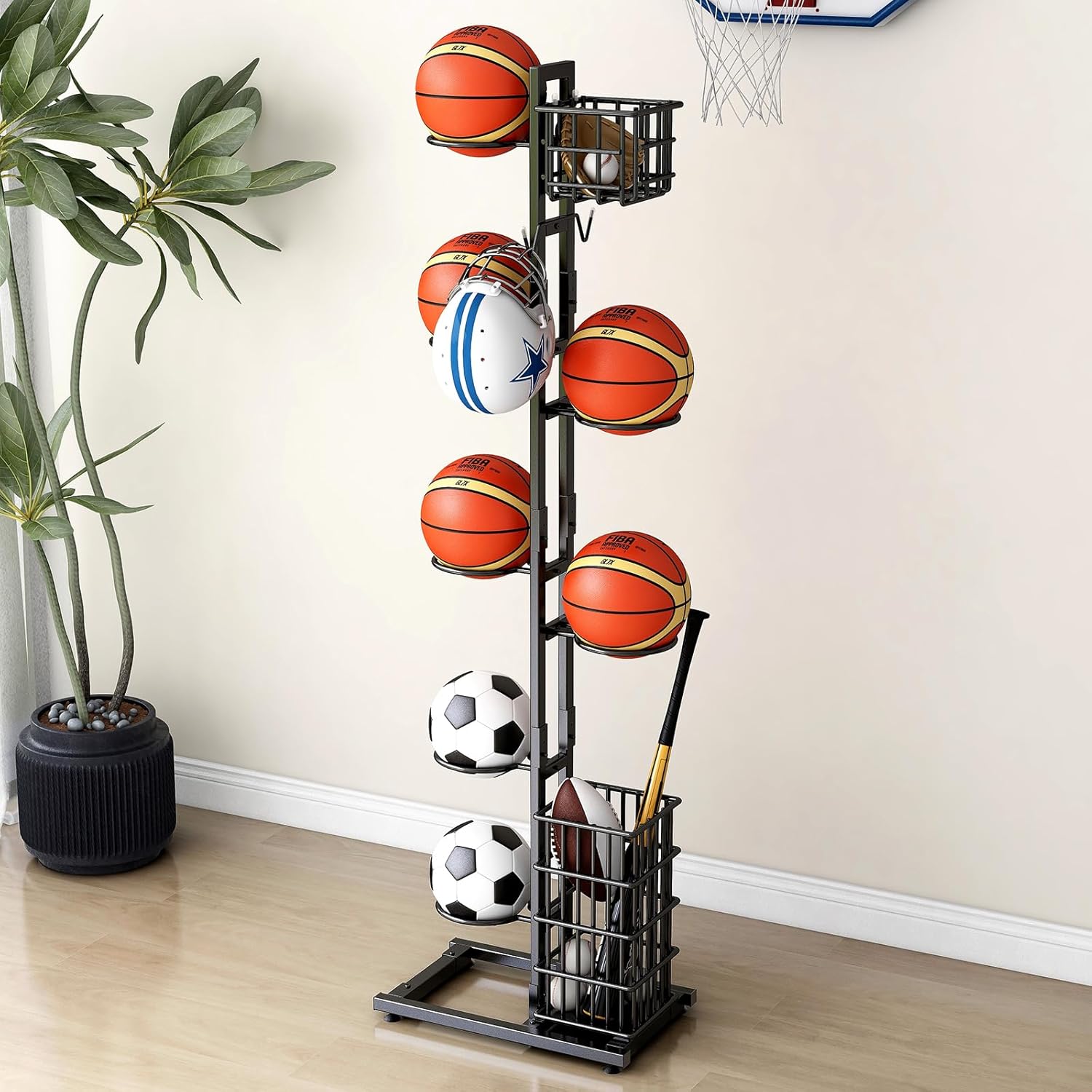 Veitorld Garage Sports Equipment Organizer Storage, Garage Ball Storage Rack, Home Gym Workout Equipment Storage, Indoor/Outdoor Ball Holder for Football Soccer Basketball Volleyball Baseball