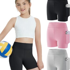 EXARUS Girls 4″ Volleyball Dance Shorts with Pockets Youth Biker Spandex Shorts High Waisted