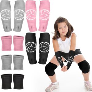 Sosation 3 Set Volleyball Arm Sleeves and Knee Pads for Kids Soft Forearm Sleeves with Protection Pad Thumbhole Volleyball Accessories for Training Youth Girls Boys 5-8 Years Old