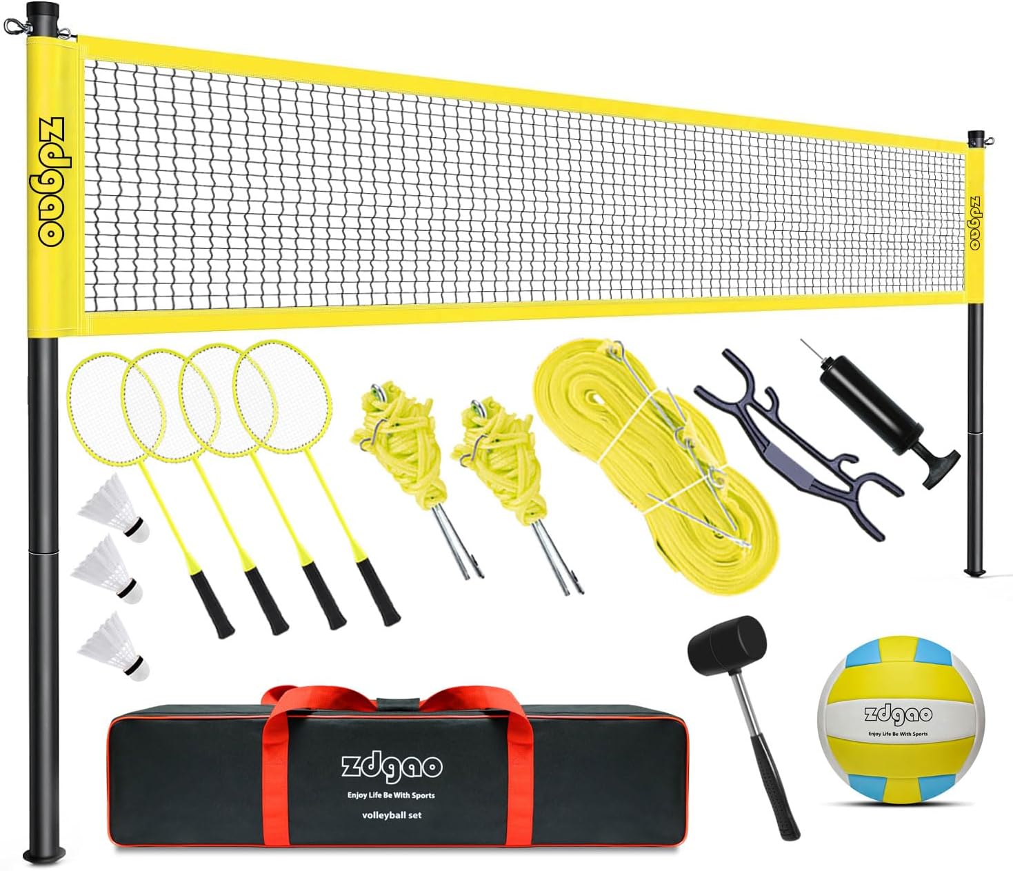 Zdgao Badminton & Volleyball Combo Set – Professional Volleyball Net for Lawn, Backyard, Easy Set up Volleyball Set with Carry Bag, Boundary Line for Family Fun