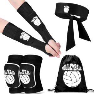 Giegxin 6 Pcs Volleyball Sleeves Volleyball Elbow Pads Arm Sleeves for Teen Girls Volleyball Knee Pads Accessories Set Protective Gear Knee Brace Unisex Tie Headband Drawstring Bag Kids Boy Black, S
