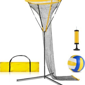 Meooeck 3 x 3 ft Volleyball Setter Training Net Quick and Easy Setup Adjustable Angle with PU Volleyball with Pump and Carrying Bag for Serving Spiking Setting Indoor Outdoor Training(Yellow)