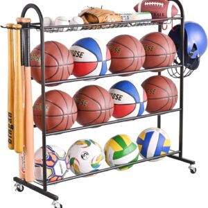 PLKOW Basketball Rack, Rolling Ball Storage with Baseball Bat Holder and Hooks, Sports Equipment Storage with Wheels for Volleyball, Football and Basketball Accessories, Powder Coated Steel