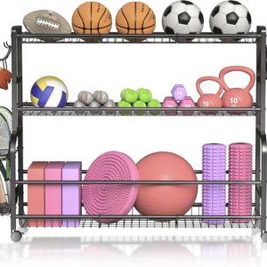 Sports Equipment Garage Organizer – Ball Storage Garage – Ball Storage Rack – Rolling Ball Cart with Wheels Basket and Hooks for Basketballs Footballs Volleyballs in Gym Playgroup and School.