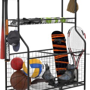 Garage Sports Equipment Organizer, Ball Storage Rack Indoor/Outdoor Rolling Ball Cart with Baskets and Wheels
