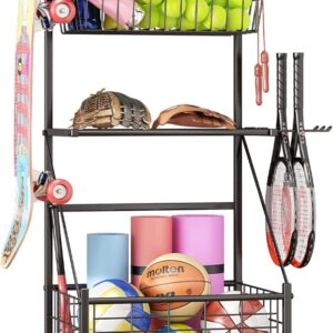 Garage Storage Organization Sports Equipment Organizer Ball Rack Outdoor Rolling Cart with Baskets Hooks and Wheels，Black