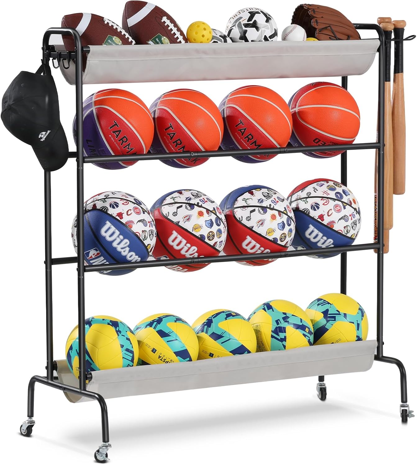 Basketball Rack, Rolling Ball Storage Stand with Baseball Bat Holder Storage Cart and Movable Hooks 4-Layer Organizer Holder with Wheels for Volleyball Football Rugby Balls