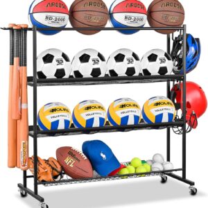 Mythinglogic Basketball Rack, Ball Storage with Baseball Bat Holder, Rolling Ball rack with Removable Nylon Mesh for Various Ball Sizes, Basketball Holder for Football Basketball Soccer Ball