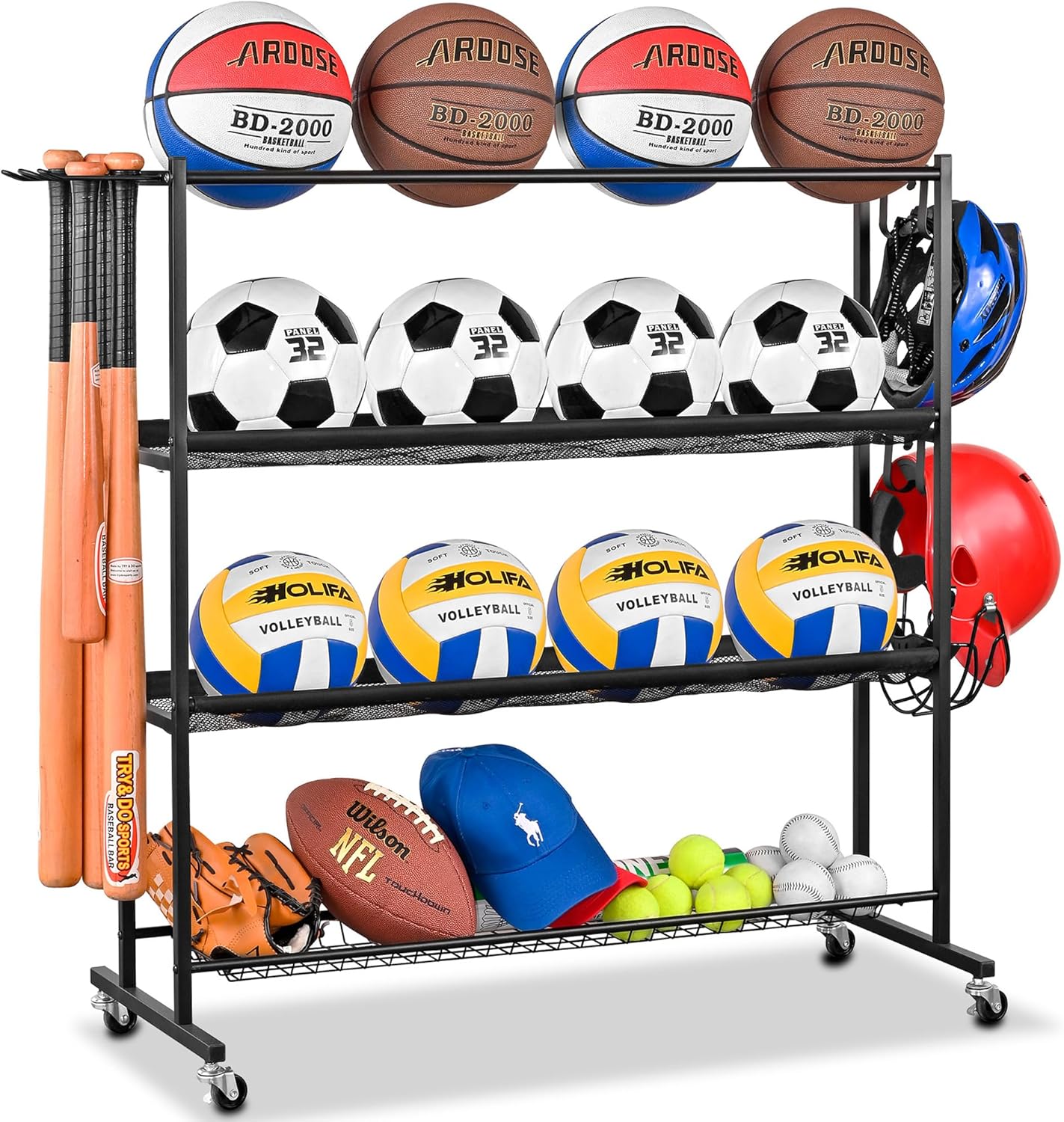 Mythinglogic Basketball Rack, Ball Storage with Baseball Bat Holder, Rolling Ball rack with Removable Nylon Mesh for Various Ball Sizes, Basketball Holder for Football Basketball Soccer Ball