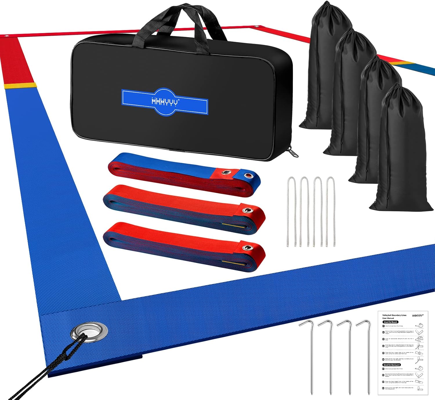 Professional Beach Volleyball Lines for Sand 26.3′ X 52.6’| 30′ X 60′, 2 inch, Better Visible, Upgraded Weather Resistance, with Metal Anchors & Sand Bags