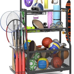 Mr IRONSTONE Garage Sports Equipment Organizer with Wheels, Heavy Duty Steel Garage Ball Storage Rack with Hooks and Baskets, Rolling Garage Organizers and Storage for Sports Gear Toys Indoor Outdoor