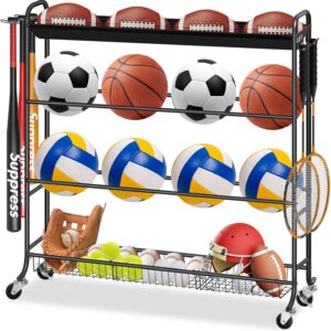 DAMEING Basketball Rack, 4 Layer Ball Storage Stand with Wheels, Rolling Ball Rack with Baseball Bat Holder & Hooks, Garage Sports Equipment Organizer for Football Volleyball Soccer