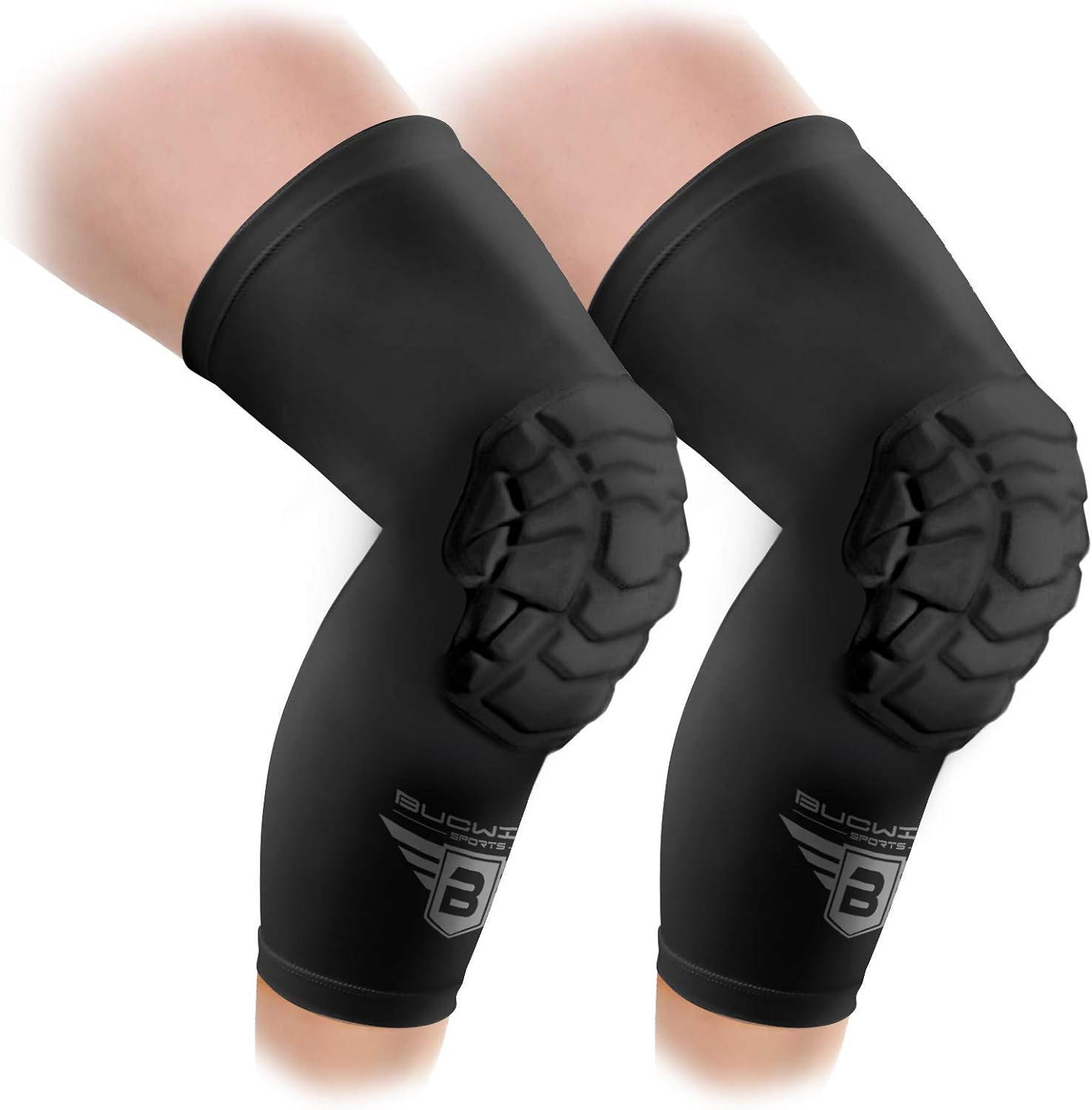 Bucwild Sports Knee Pads/Padded Compression Pro Knee Sleeves (1 Pair) Youth & Adult Sizes – Basketball Wrestling Volleyball Black White Red Blue