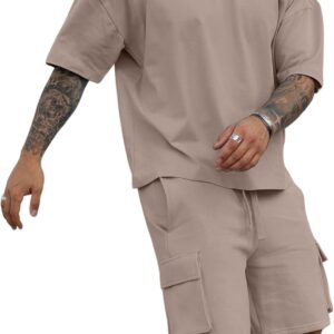 YawYews Men’s 2 Piece Outfits Casual Tracksuit Cargo Shorts Summer Athletic Drop Shoulder Sleeve Sportwear Set