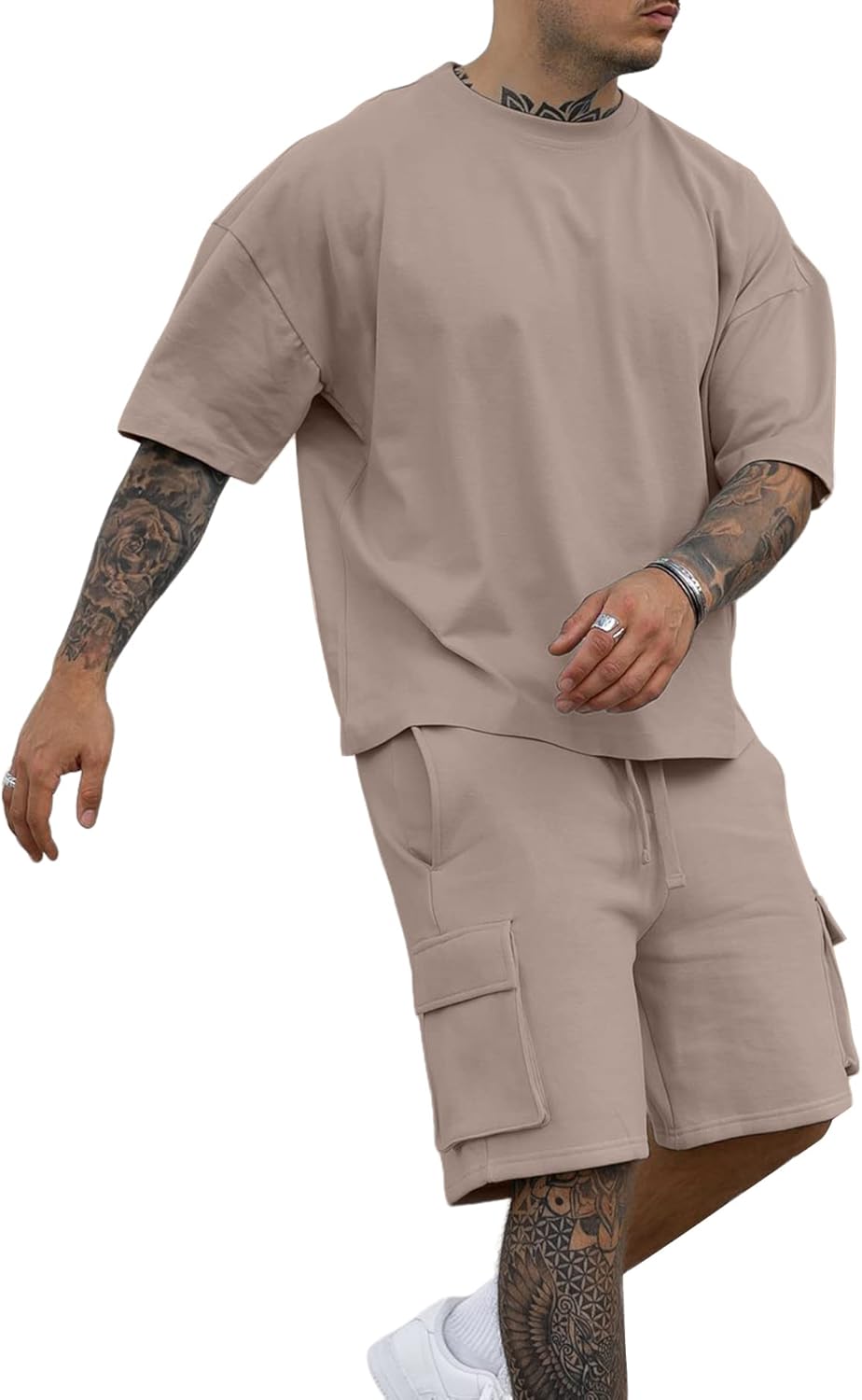 YawYews Men’s 2 Piece Outfits Casual Tracksuit Cargo Shorts Summer Athletic Drop Shoulder Sleeve Sportwear Set