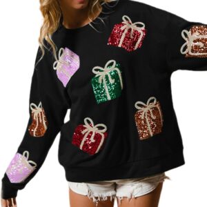 UAURORAO Women Glitter Christmas Sweatshirts Oversized Funny Sequin Graphic Shirts Long Sleeve Sparkly Xmas Pullover Top