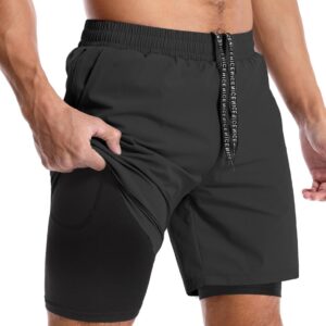 Aolesy Men’s 2 in 1 Running Shorts -7” Quick Dry Workout Gym Shorts with Pockets, Tennis Training Athletic Shorts with Liner