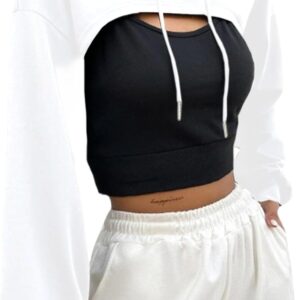 Hilinker Women’s Long Sleeve Cropped Hoodie Workout Drawstring Super Crop Tops without Camisole