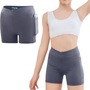4″ Girls Cross Waist Athletic Shorts with Pockets, Biker Volleyball Running Cheer Dance Yoga Gymnastics Shorts