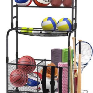 Sports Equipment Organizer, Sports Equipment Storage, Ball Storage Rack, Easy-Access Ball Rack for Kids, for Home, School, Yard, Gym with Elastic Cord Bottom