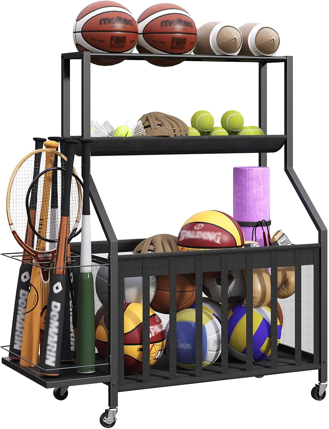 Sports Equipment Storage for Garage, Sports Organizer, Rolling Sports Ball Storage Cart, Garage Storage with Basket, Ball Holder for Baseballs, Basketballs, Black BEHB17101