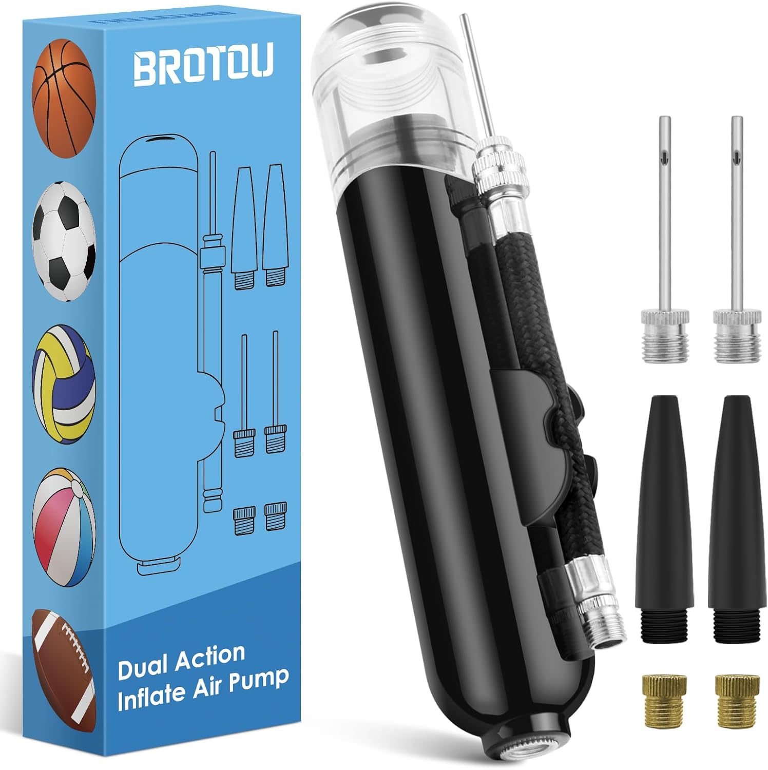 Ball Pump, Dual Action Inflate Air Pump with 3 Needles and 2 Nozzles for Soccer Ball, Basketball, Volleyball, Balloons, Bikes