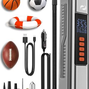 Tire Inflator Portable Air Compressor, Electric Ball Pump with Digital Pressure Gauge, LED Light, Ball Accessories Essential for Men, 150PSI Cordless Tire Inflator for Basketball, Soccer