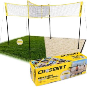 CROSSNET Quick Assemble 4 Square Volleyball Game Set for Adults and Kids with Volleyball Net, Backpack and Ball for Outdoor Games