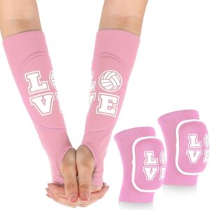 ramede Volleyball Knee Pads and Volleyball Arm Sleeves with Protection Pad Forearm Elbow Sleeve with Thumb Hole Volleyball Accessories Gear for Girls Women (2 Pairs,Pink,Volleyball)