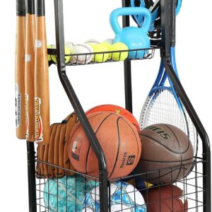 YueTong Sports Equipment Organizer for Garage Organization,Ball Storage With Basketball Holder and Ball Cart Rack,Outdoor Toy Storage with Bin for Nerf Gun,Football,Volleyball Stuf,Gym Accessories