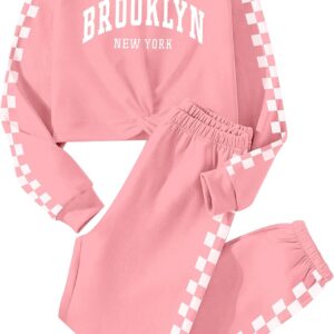 Girl Clothes Pullover Girls’ Clothing Sets Girls Sweatsuit 2Pcs Twist Front Sweatshirt and Plaid Jogger Sweatpants