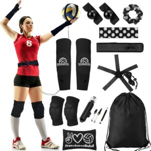Hiboom 9 Pcs Volleyball Training Equipment Aid Set Included Volleyball Training Belt Hand Straps Arm Braces Knee Braces Hair Rope Headband Pump Drawstring Bag Makeup Bag Volleyball Gifts for Beginners