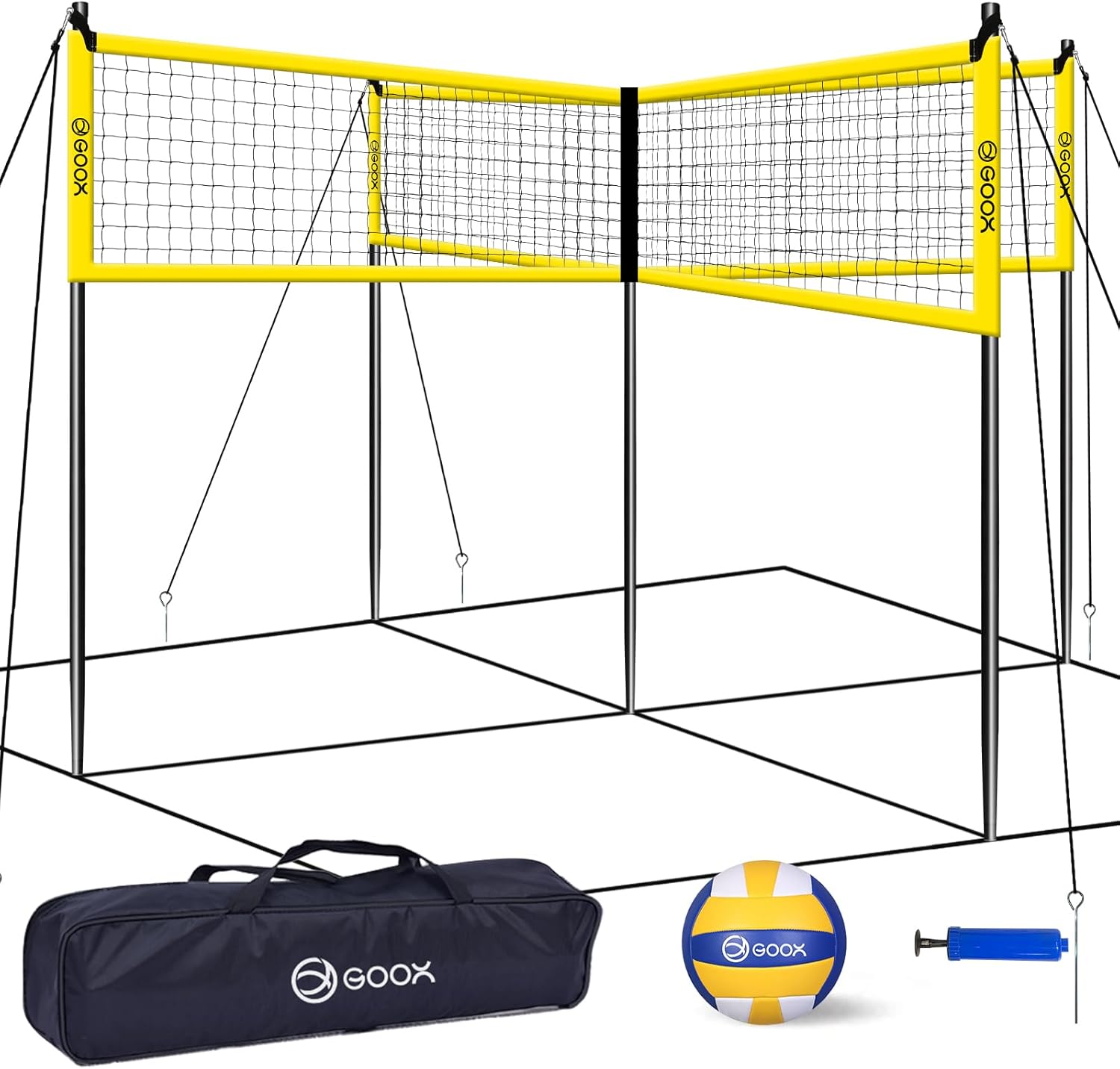 GOOX 4 Square Volleyball Net Game Set,4 Person Volleyball Net for Backyard Beach Lawn, Portable Four Square Volleyball Net for Adults & Youths with Carry Bag 4 Way Volleyball Net