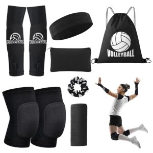 Volleyball Knee Pads Volleyball Arm Sleeves, UMACWIN Volleyball Accessories Set with Knee Pads Volleyball Arm Pads Sweatband Scrunchie Makeup Bag Cooling Towel and Drawstring Bag for Women Girls Youth